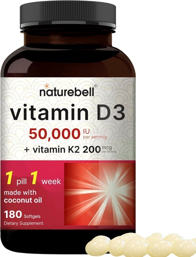 [BRSROYA2AUPBSCT2] NatureBell Vitamina D3 50.000 UI + K2 200 mcg, 180 Softgels ← Fórmula con aceite de coco TEN Max Strength Bone, Heart & Immune Support TEN MK-7 Form ← Non-GMO