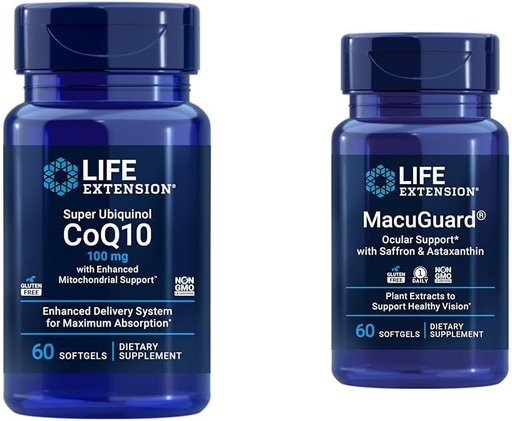 [BRSRAYYYBF6WMDT2] Life Extension Super Ubiquinol CoQ10 Heart Health Celularna energija 60 Softgels & Macuguard Okular Podpora Lutein Zeaksantin Saffron Astaksantin Eye Health 60 Count