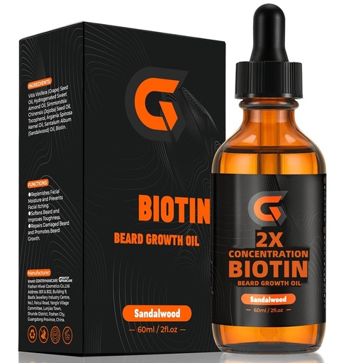[BRSRAZYYBYNBGGTJ] 2X Concentration Biotin Beard Growth Oil for Men - Leave-In Conditioner & Softener - Moisturizes, Thickens, Strengthens & Promotes Facial Hair Growth - Organic Argan & Jojoba Oil - 2fl. Oz