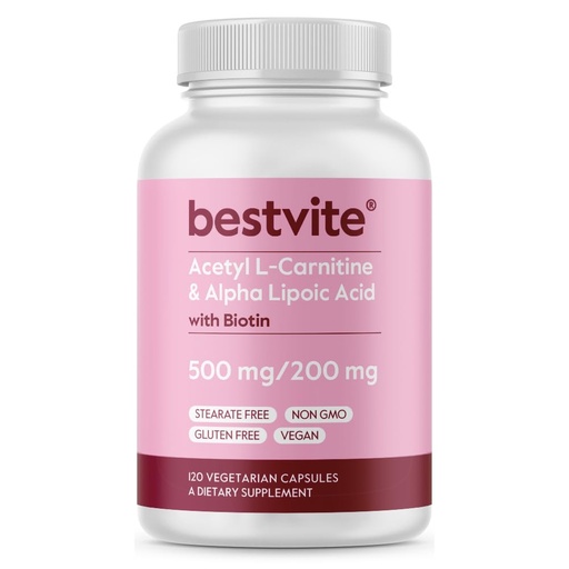 [BRSWIZIOO54AEDDK] BESTVITE Acetyl L-Carnitine 500mg & Alpha Lipoic Acid 200mg per Capsule with Biotin (120 Vegetarian Capsules) - No Stearates - Vegan - Non GMO - Gluten Free