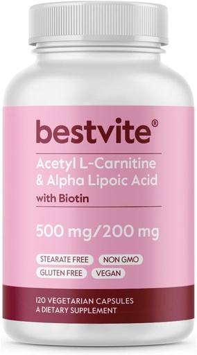 [BRSWIZIOO54AEDDK] BESTVITE acetil L-karnitinas 500 mg ir alfa lipoidinė rūgštis 200 mg vienoje kapsulėje su biotinu (120 vegetariškų kapsulių) - No Stearates - Vegan - Non GMO - Gluten Free