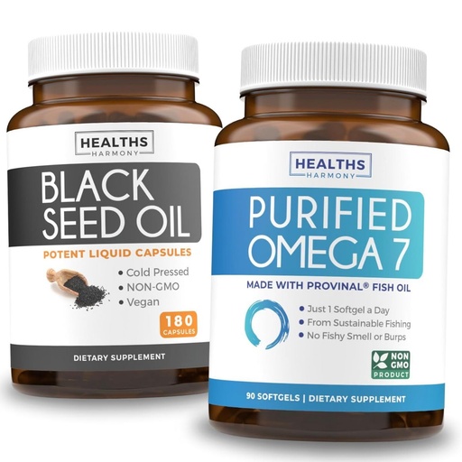 [BRSROC35OIDRA33K] Omega 7 Softgels & Black Seed Oil (3-Month Supply) Omega Glow Blend Bundle - Purified Omega-7 Softgels (90 Softgels) Provinal Peruvian Anchovy and Black Seed Oil (180 Capsules) Cold-Pressed Oil