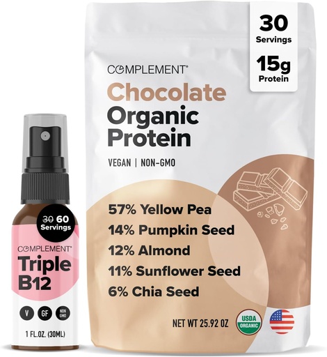 [BRSROCYDCF5BOHT2] Complement Organic Chocolate Vegan Protein Powder & Triple B12 Spray Bundle – Plant-Based Protein and Essential B12 Supplementation for Energy and Wellness