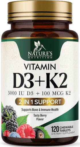 [BRSROAL3PMJRQYLK] Vitamin D3 K2 Supplement | 5000 IU D3 + K2 100 mcg | MK-7 K2 with Vitamin D | Supports Immune, Heart, Teeth & Bone Health - Nature's Easy to Chew, VIT D3 K2, Non-GMO, Tasty Berry Flavor - 120 Tablets
