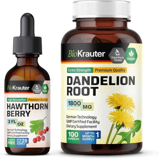 [BRSRAGDYOEDROCDK] BIO KRAUTER Hawthorn Tincture 2 Fl. Oz. & Dandelion 100 Capsules