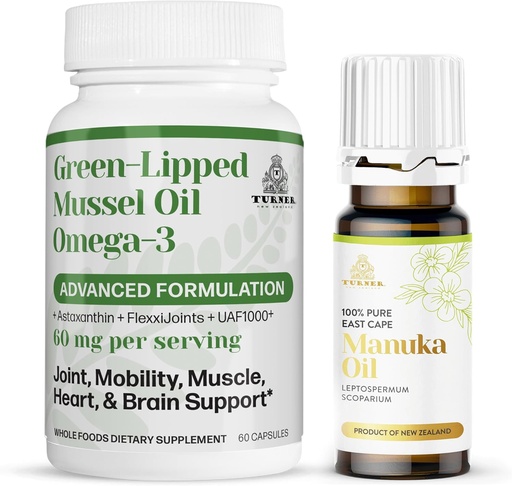 [BRSRO2Q7PMIQ23TZ] TURNER New Zealand Omega-3 Green Lipped Mussel Oil, 53x Higher Potency for Superior Joint Comfort & Mobility, No Fishy Aftertaste, 1 Bottle, 60 Softgels Plus 1 Bottle of Manuka Oil