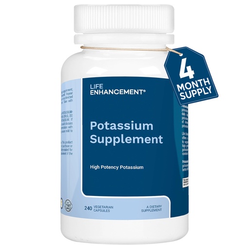 [BRSWIZYKA55A4HTK] Life Enhancement High Potency 1020 mg Potassium Supplement for Muscle, Brain & Bone Health - No Additives High Absorption Elemental Potassium Supplement, Made in USA (240 Capsules – 120 Servings)
