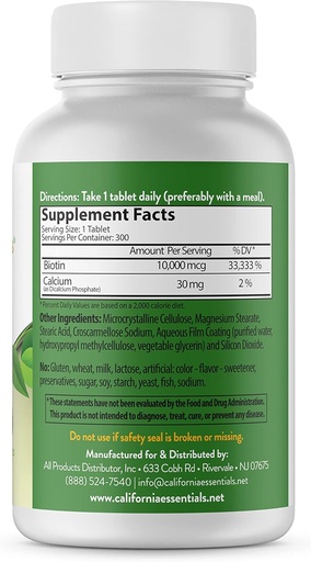 [BRSWGCQYBV7AYC3P] California Essentials Biotin 10000mcg | Vitamina B7 Promuove la pelle sana, Hair & Nail Growth | Integratore alimentare ad alta potenza per gli uomini e le donne | Non OGM, Vegan, Gluten & Dairy Free (300 compresse)