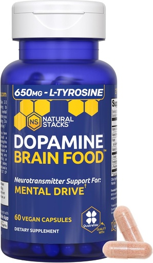[BRSWICQPBYEBUHD6] Dopamine Brain Food - 650mg L-Tyrosine Supplement - Dopamine Supplement for Focus & Mental Drive - Supports Mental Energy - Neurotransmitter Support with B Vitamins - 60 Capsules