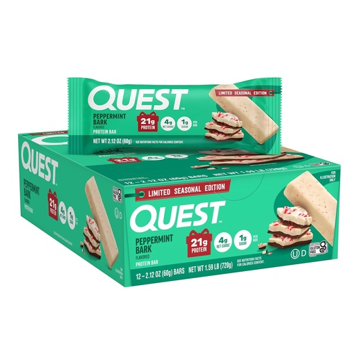 [BRSWGEI2AV7QIFLK] Quest Nutrition Peppermint Bark Protein Bar, 21g Protein, 4g Net Carb, 1g Sugar, Gluten Free, 12 Count