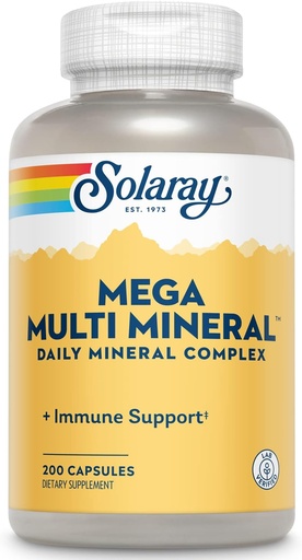 [BRSWIZQHAR4AGED4] Solaray Mega Multi Mineral, Daglig Mineral Kompleks med kalsium, jern, magnesium, sink og mer i høyabsorberbare Chelate former, total helse og immunstøtte, 50 serveringer, 200 kapsler