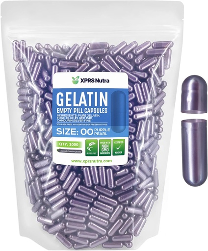 [BRSWYFDYBYMR6HLX] XPRS Nutra Size 00 Empty Capsules - 1000 Count Empty Gelatin Capsules - Pills DIY Capsule Filling - Fillable Pill Gel Caps for DIY Supplements (Purple Pearl)