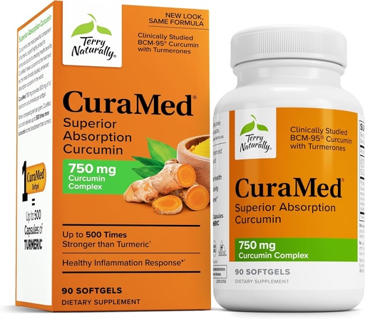 [BRSRMFIEOAHGEYL4] Terry Naturally CuraMed 750mg - Antioxidant Supplement for Brain & Heart Health Support - Dietary Supplement with High-Potency Curcumin Complex - Kidney, Liver & Immune Health Support - 90 Softgels