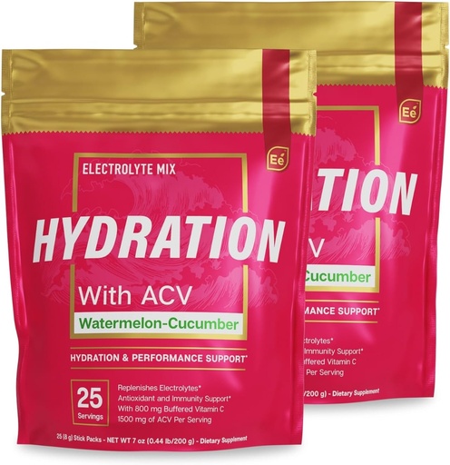 [BRSRO2Y2B4HAE2DF] Essential Elements Hydration Packets - Watermelon Cucumber - Electrolytes Powder No Sugar - Electrolyte Drink Mix - Superior Hydration with ACV & Vitamin C - 50 Stick Packs