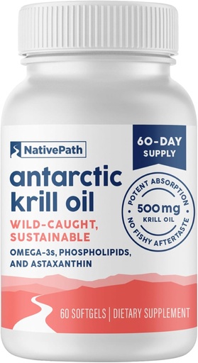 [BRSRAFL5PIBGYE3B] NativePath Antarctic Krill Oil - Wild-Caught Omega 3 Krill Oil 500mg Softgels with EPA, DHA and Astaxanthin - Supplement for Joint, Heart, Brain and Immunity - 60 ct - No Fishy Aftertaste