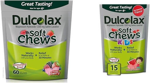 [BRSROBL3DIIR4C3K] Dulcolax Soft Chews Saline Laxative Mixed Berry (60ct) Gentle Constipation Relief & Kids Soft Chews Saline Laxative Watermelon Gentle Constipation Relief, Magnesium