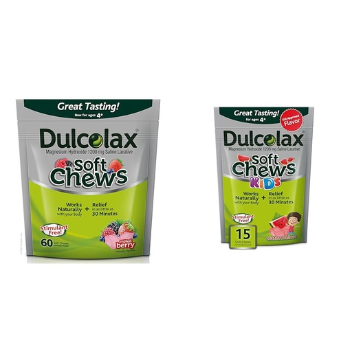 [BRSROBL3DIIR4C3K] Dulcolax Soft Chews Saline Laxative Mixed Berry (60ct) Gentle Constipation Relief & Kids Soft Chews Saline Laxative Watermelon Gentle Constipation Relief, Magnesium