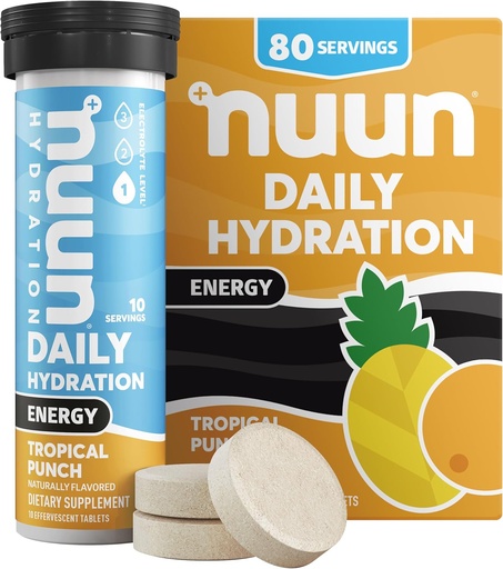 [BRSWYBA3CAOWY3T4] Nuun Energy Electrolyte Tablets with Ginseng, Caffeine from Green Tea Extract, Vitamin B12, B6, B5, Magnesium & 4 Other Electrolytes, Gluten Free & Vegan, Tropical Punch, 8 Pack (80 Servings Total)