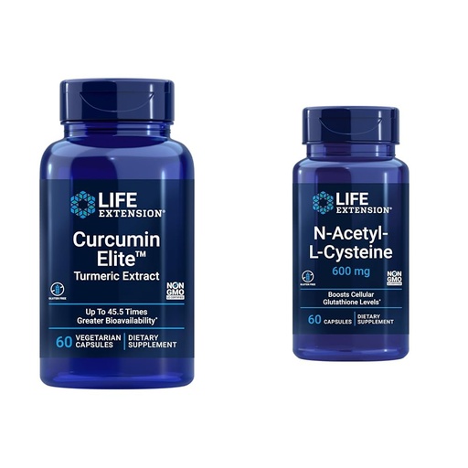 [BRSROAIQBEMWOETV] Life Extension Curcumin Elite Turmeric Extract & N-Acetyl-L-Cysteine (NAC), Immune, Respiratory, Liver Health, NAC 600 mg, Potent antioxidant Support, Free-radicals, Easy to Absorb, 60 Capsules