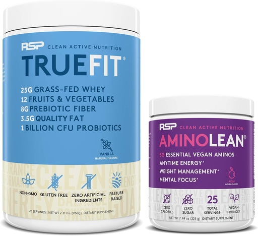 [BRSWYGQ2BV5B4CLO] RSP NUTRITION Vegan AminoLean Pre Workout Energy (Acai 25 Servings) with TrueFit Protein Powder (Vanilla 2 LB)
