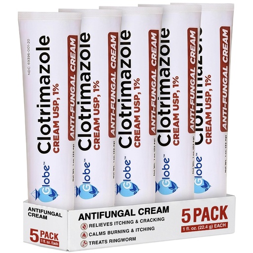 [BRSWKZYBBUHBQE36] Globe Clotrimazole Antifungal Cream 1% USP (1 oz), Anti Fungal Treatment, Relieves Itching, Burning, Cracking and Scaling Associated Athletes Foot, Jock Itch, Ringworm and More (Pack of 5)