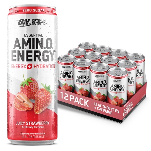 [BRSWGFILOIAROELO] Optimum Nutrition Amino Energy Sparkling Hydration Drink, Eletrolitos, Cafeína, Aminoácidos, BCAAs, Açúcar Livre, Morango Juicy, 12 Fl Oz, 12 Pack (Packaging May Vary)