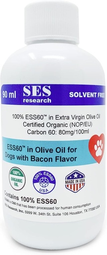 [BRSWYCYEAR5AIF32] SES Research C60 for Dogs in Organic Extra Virgin Olive Oil - Pets Bacon Flavoured Antioxidant Supplement - Solvent Free - Immunity Booster - Boosts Energy & Mood - Focus - 90ML