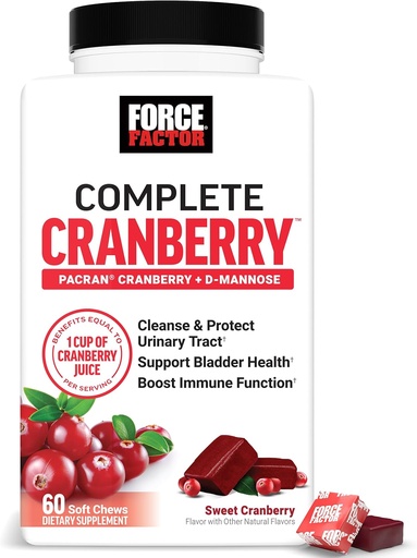 [BRSRAYYFBB6QEFD4] FORCE FACTOR Cranberry Soft Chews, Cranberry Supplement with D Mannose and Cranberry Extract to Support Bladder and Urinary Tract Health for Women, Vegan, Sweet Cranberry Flavor, 60 Soft Chews