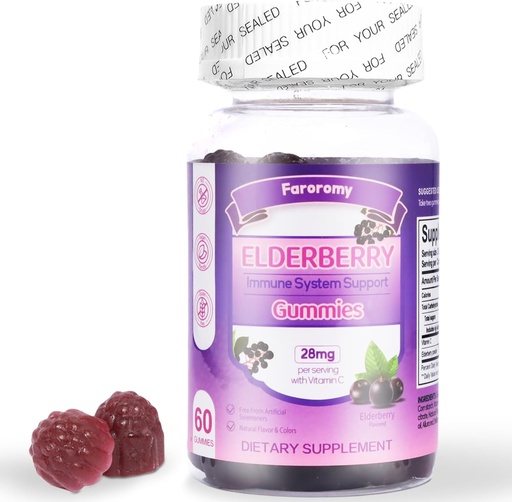 [BRSRAZQYBB5B63TB] Elderberry Gummies Sambucus with Vitamin C Immune Support Supplement for Women and Men,Elderberry Flavor Gummy,30 Day Supply - 60 Count