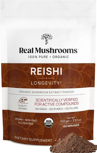 [BRSRMCQYOEBQEETB] Real Mushrooms Reishi Mushroom Powder - Handpicked Organic Mushroom Extracts - Red Reishi for Tranquil Daily Wellness with Verified Beta Glucans Vegan, Non-GMO, No Grain Fillers, 100 Servings