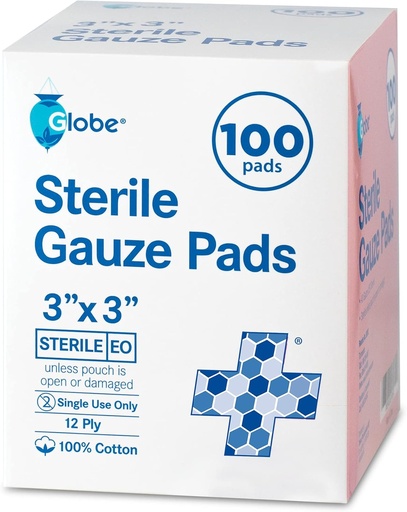 [BRSW22QPB4PAAGYY] Globe 3'' x 3'' Advanced Sterile Gauze Pads, 100-Pack Individually Packed - 12-Ply Cotton for Wound Care Dressing, Highly Absorbent Bandages for Home & Emergency Use - Travel & First Aid Kit Essential