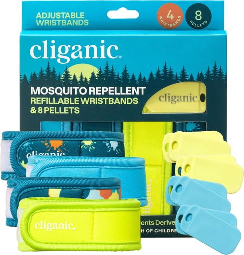 [BRSROCTQAAMQM3LG] Cliganic Mosquito Repellent Pack (4 Wristbands + 8 Refill Pellets) - Adjustable, Natural DEET-Free, Essential Oil Infused