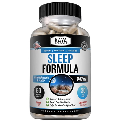 [BRSW2EL6DICQE3LB] Kaya Naturals - Sleep Support Formula with Melatonin - Aid Support Vitamin Supplement - Sleep Stress and Mood Support - L-Tryptophan, Passion Flower, Ashwagandha and More - 60 Capsules (60 Count)
