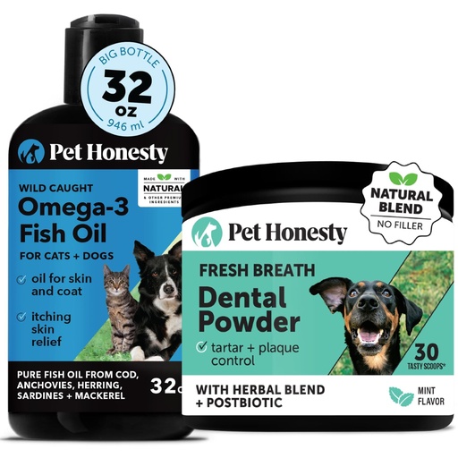 [BRSRAAYRBAGRYCD2] Virtual Bundle Omega-3 Fish Oil for Dogs + Dental Powder for Teeth Cleaning & Plaque Removal, Promotes Healthy Skin, Coat & Immune Support