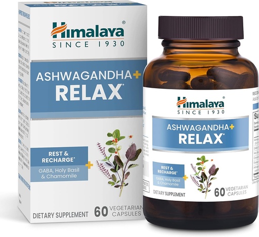 [BRSW22Q3AF7A2HQ6] Himalaya Ashwagandha+ Relájate, con GABA, Holy Basil " Chamomile for Reset, Relax " Stress Relief, Vegan, Gluten Free, 540 mg, 60 cápsulas vegetarianas, 1 mes de suministro