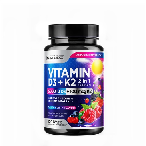 [BRSROAL5CJYGG3TX] Vitamin D3 K2 – Chewable Vitamin D 5000 IU & K2 MK-7 100 mcg – 2 in 1 Vitamin D K2 Supplement Chews - Immune, Heart, & Bone Support – Non GMO - Tasty Berry Flavor - 120 Chewable Tablets