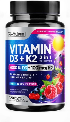 [BRSROAL5CJYGG3TX] Vitamin D3 K2 – Chewable Vitamin D 5000 IU & K2 MK-7 100 mcg – 2 in 1 Vitamin D K2 Supplement Chews - Immune, Heart, & Bone Support – Non GMO - Tasty Berry Flavor - 120 Chewable Tablets