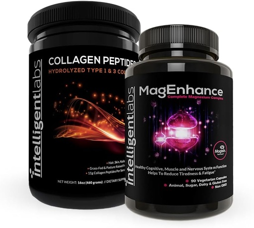 [BRSROHYYB56RACYZ] Intelligent Labs 2-in-1 Bundle of MagEnhance Supplement (High Absorption Chelated Magnesium Complex) and Collagen Peptides Powder (Unflavored Organic Hydrolyzed Type 1 & 3 Collagen Protein Powder)