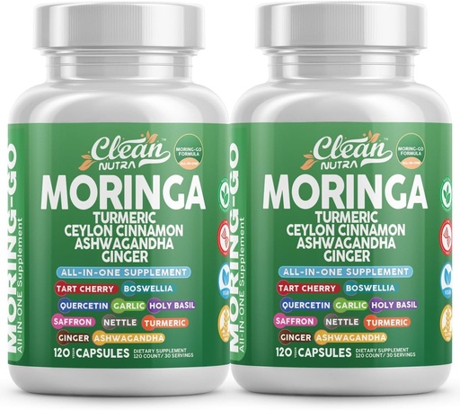 [BRSRABT6BYHQO3TL] Moringa Powder Capsules + Turmeric Moringa Leaf Ceylon Cinnamon Ashwagandha Ginger Tart Cherry Boswellia Quercetin Garlic Holy Basil Saffron Nettle Black Pepper Moring-Go Supplement By Clean Nutra (2)