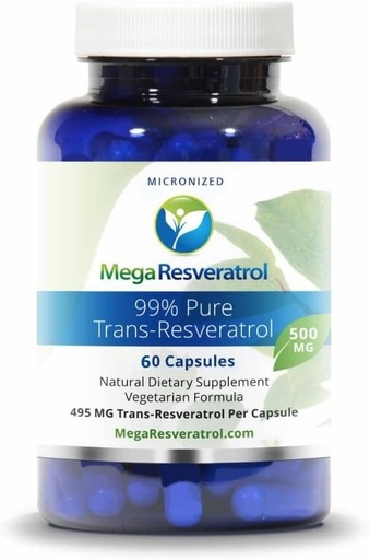 [BRSWGHYCDEMAY23G] Mega Resveratrol, Grau Farmacêutico,99% Puro, Isolado, Micronizado Trans-Resveratrol, 60 Veggie Caps, 500mg por cápsula. Certificado de pureza. Absolutamente NÃO Ingredientes tóxicos “inativos” adicionados.