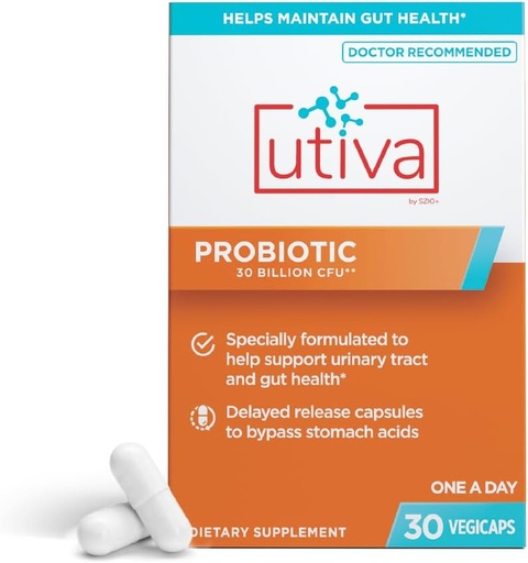[BRSWYGQ2B4CRGDTF] Szio+ Utiva Probiotic – Urinary Tract and Gut Health Supplement – 12 Billion CFU Lactobacillus & Bifidobacterium Probiotic for Men and Women, 30 Delayed Release Vegi Capsules