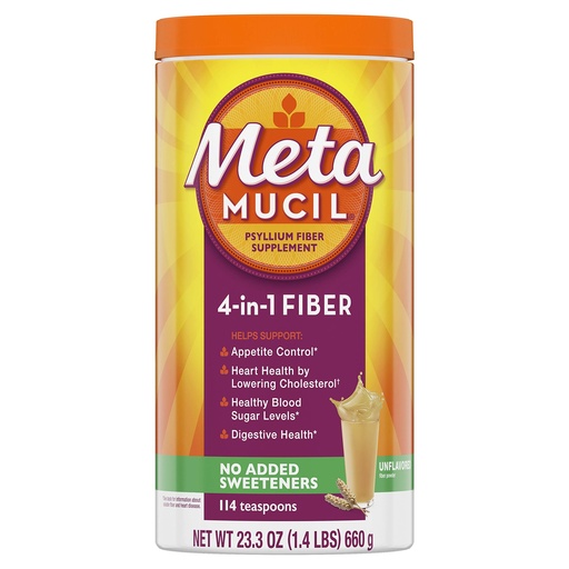 [BRSWIYYOOQMAODTG] Metamucil Fiber, 4-in-1 Psyllium Fiber Supplement, Sugar Free Powder, Unflavored Drink, 114 Servings (Packaging May Vary)