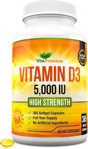 [BRSWGYAFOF5GCAYY] Vitamin D3 5000 IU, 365 Easy-Swallow Softgels, High Strength Vitamin D 5000 IU Supplement - Full Year Supply