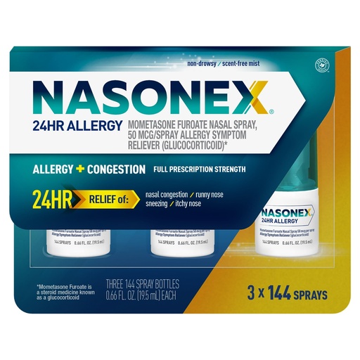 [BRSRAEAQAUCAIFIZ] Nasonex 24HR Allergy Nasal Spray, Non-Drowsy, Scent-Free Mist,Allergy Symptoms + Nasal Congestion, Full Prescription Strength, 120 Sprays (3 Pack)