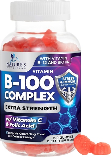[BRSRMALYCAJWKET6] B Complex Supplement Gummies kanssa C-vitamiinia ja Foolihappoa, Extra Strength Super B-vitamiinia Gummy kanssa Niacin, B6, Foolihappoa, B12, Biotiini, Nature Energy Immuno tuki täydentää - 120 Gummies