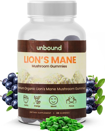 [BRSROEIROJ6GKGT5] Unbound Premium Organic Lion's Mane Mushroom Gummies, Blue Raz Flavored, 60 Soft Chews