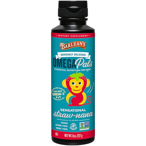 [BRSWGGAZPINRU33P] Barlean's Omega Pals Sensational Straw-Nana Flavored Omega-3 for Kids, Yummy Children's Liquid Fish Oil Supplement with 1,483 mg ALA, Non-GMO, Vegan for Brain and Eye Health, 8 oz