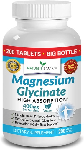 [BRSWYZQ5CIJWMDT4] Magnesium Glycinate 400 mg - 200 Tablet - Absorption altua, Bisglycinate Mag gehigarria Lo egiteko, Leg Cramps, Heart, Ease Muscles, Emakume eta Gizonentzako Buruko Bareak, Ez Powder kapsulak