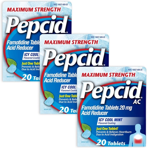 [BRSRAGAOOEIBOFDB] Pepcid AC Maximum Strength Heartburn Relief Tablets, Prevents & Relieves Heartburn & Acid Reflux Due to Acid Indigestion, 20 mg Famotidine, ICY Cool Mint Flavor, Multipack, 3 x 20 ct