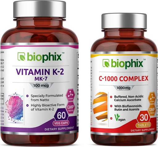 [BRSWGEDRDMGQGHQ7] biophix Vitamin K2 MK-7-100 mcg 60 - Free Vitamin C-1000 30 Tablets - Supports Strong Bones Immune Health